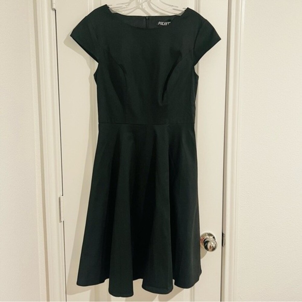 Vintage Pukavt Black Cap Sleeve Midi Dress with Pockets in Women's Size Medium